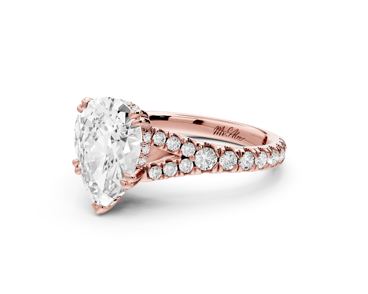 Rosalie - 2ct 14k rose gold pear Pavé Cathedral Hidden Halo with Diamond Bridge split shank Engagement Ring