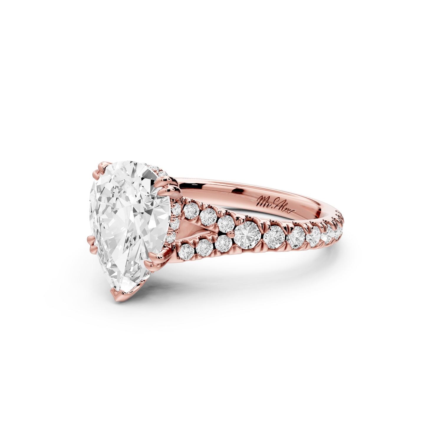 Rosalie - 2ct 14k rose gold pear Pavé Cathedral Hidden Halo with Diamond Bridge split shank Engagement Ring