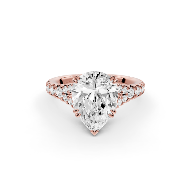 Rosalie - 2ct 14k rose gold pear Pavé Cathedral Hidden Halo with Diamond Bridge split shank Engagement Ring