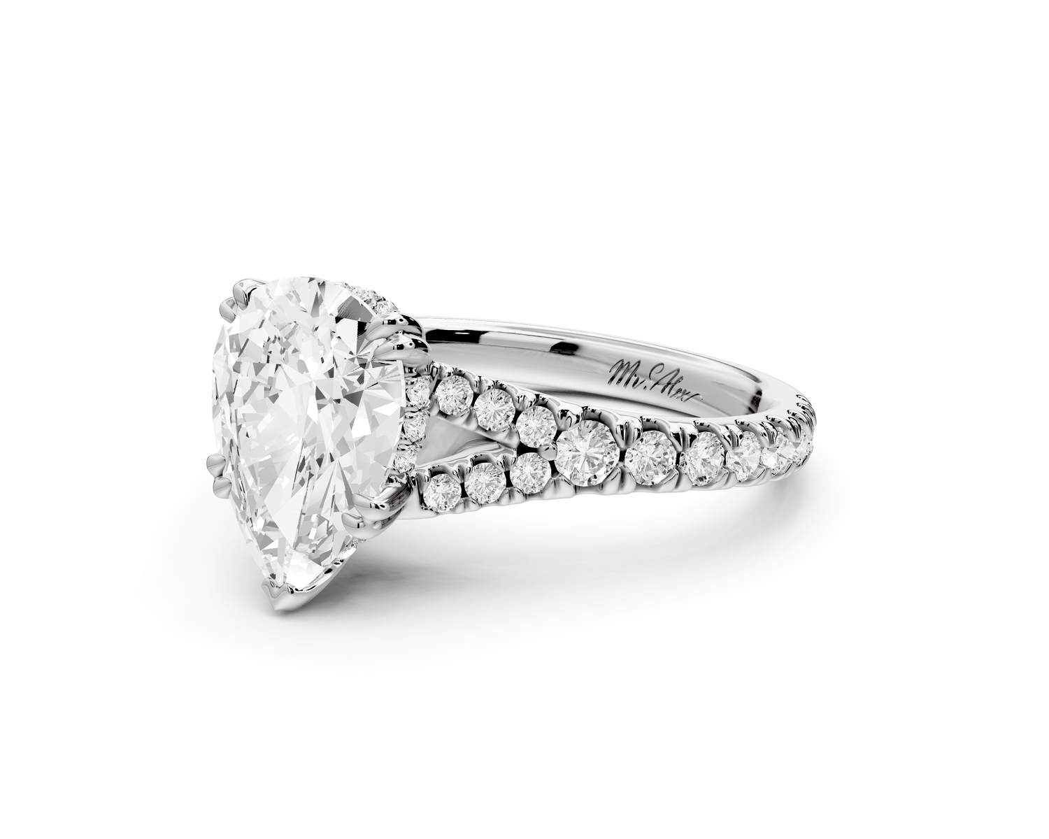 Rosalie - 2ct 14k white gold pear Pavé Cathedral Hidden Halo with Diamond Bridge split shank Engagement Ring