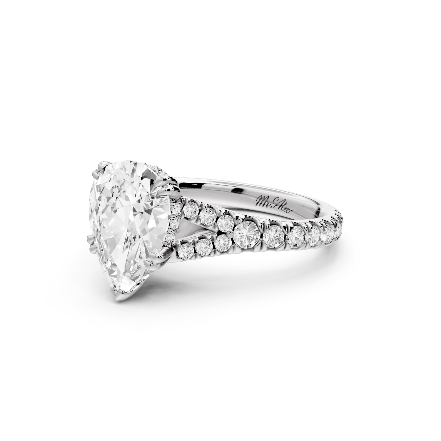 Rosalie - 2ct 14k white gold pear Pavé Cathedral Hidden Halo with Diamond Bridge split shank Engagement Ring
