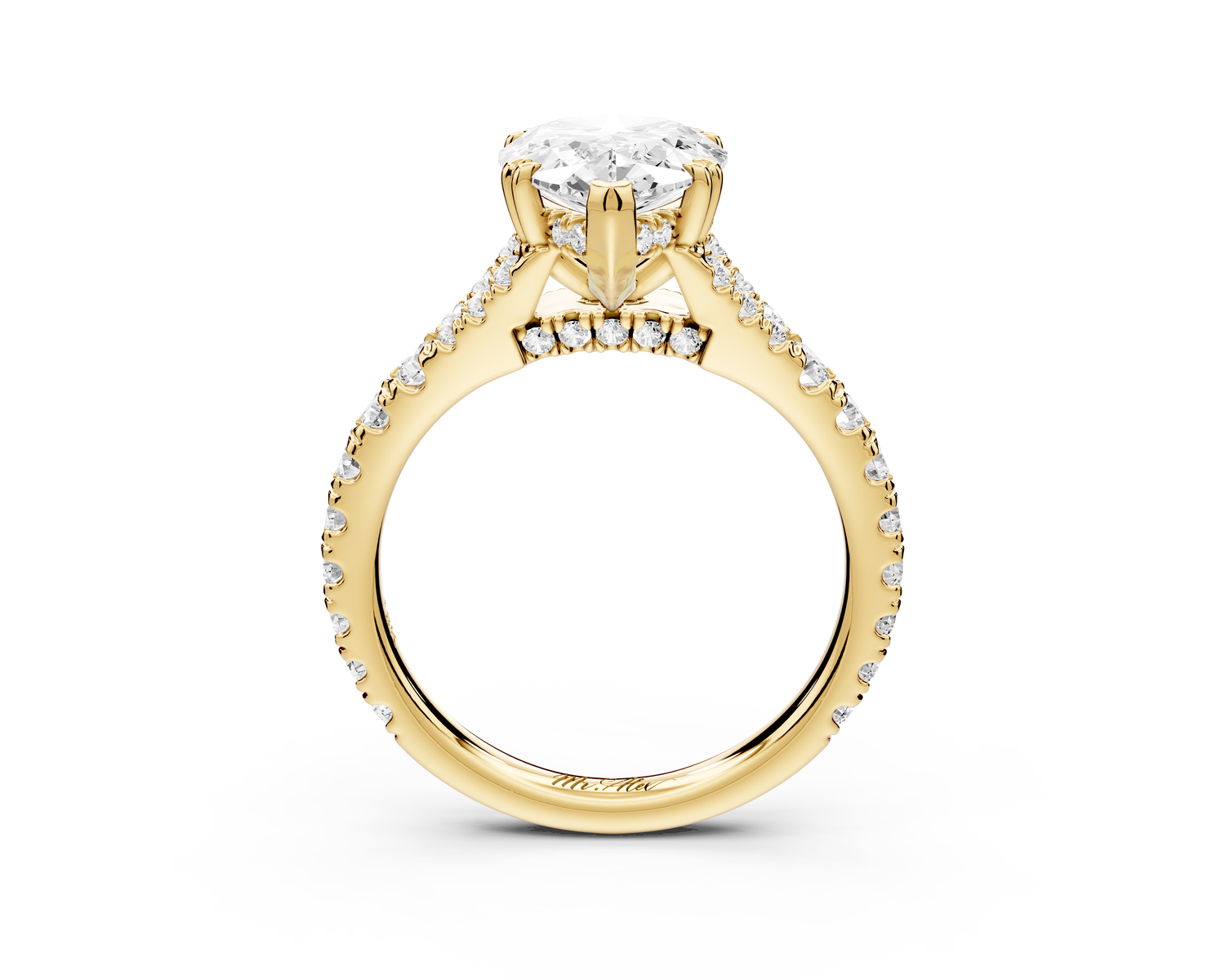 Rosalie - 2ct 14k yellow gold pear Pavé Cathedral Hidden Halo with Diamond Bridge split shank Engagement Ring