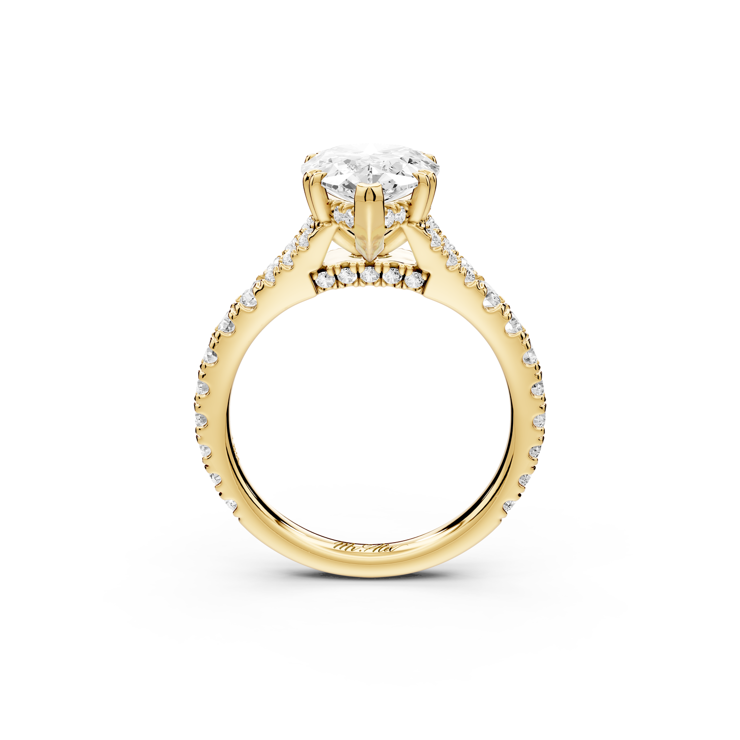 Rosalie - 2ct 14k yellow gold pear Pavé Cathedral Hidden Halo with Diamond Bridge split shank Engagement Ring