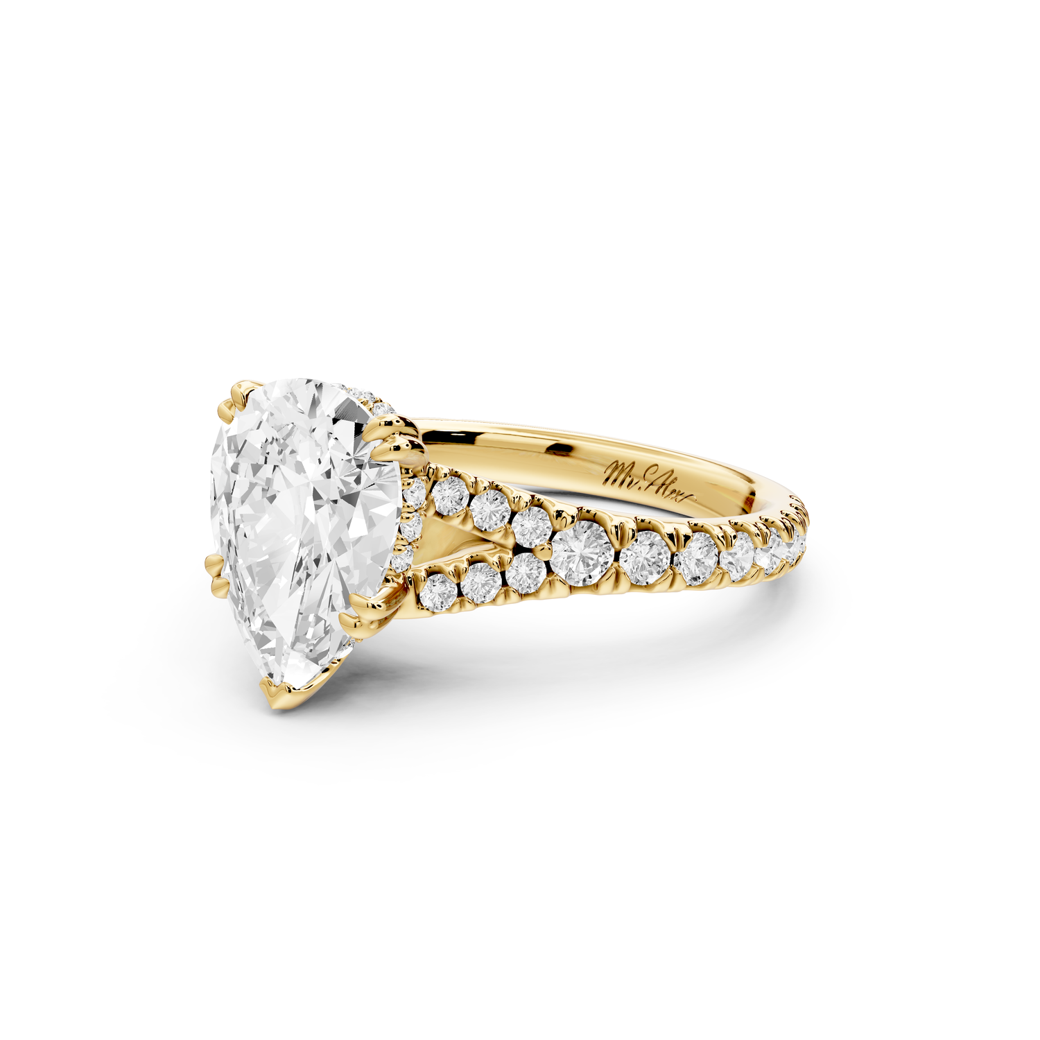 Rosalie - 2ct 14k yellow gold pear Pavé Cathedral Hidden Halo with Diamond Bridge split shank Engagement Ring