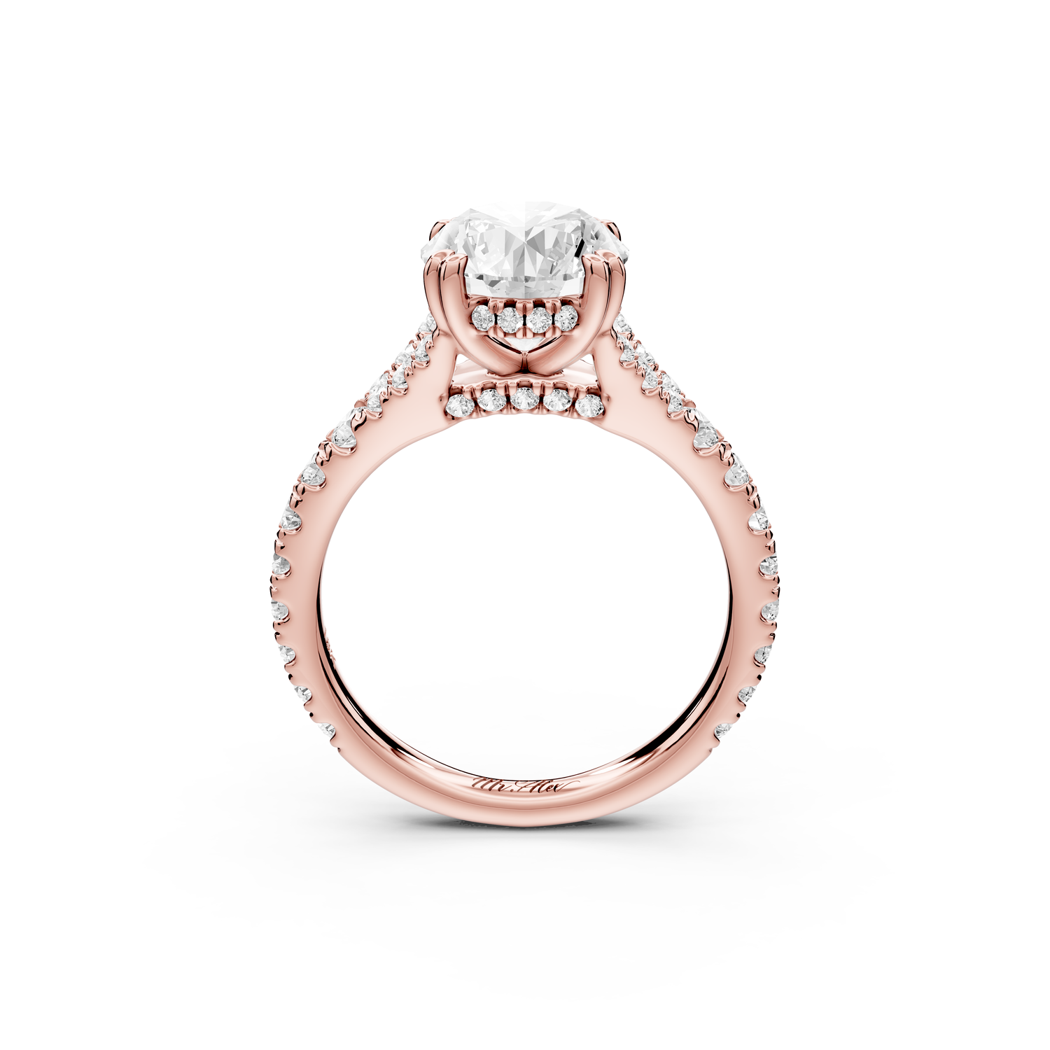 Rosalie - 2ct 14k rose gold round Pavé Cathedral Hidden Halo with Diamond Bridge split shank Engagement Ring