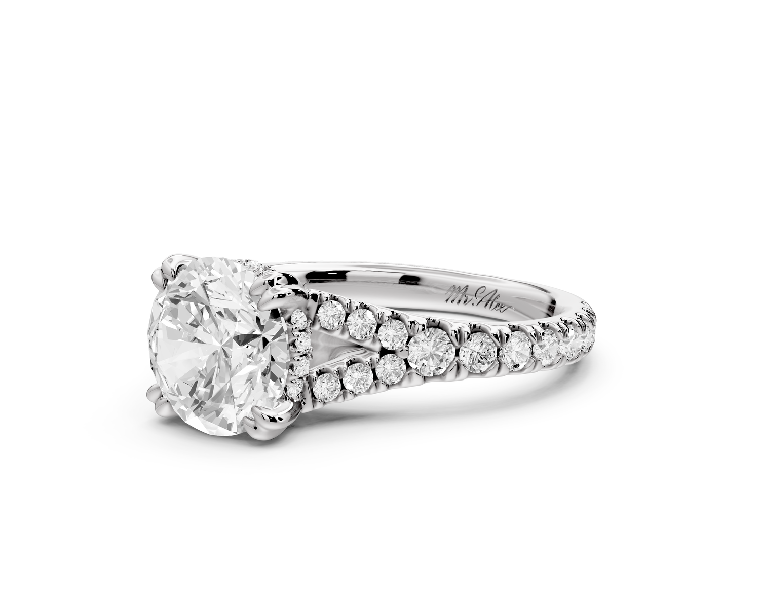 Rosalie - 2ct 14k white gold round Pavé Cathedral Hidden Halo with Diamond Bridge split shank Engagement Ring