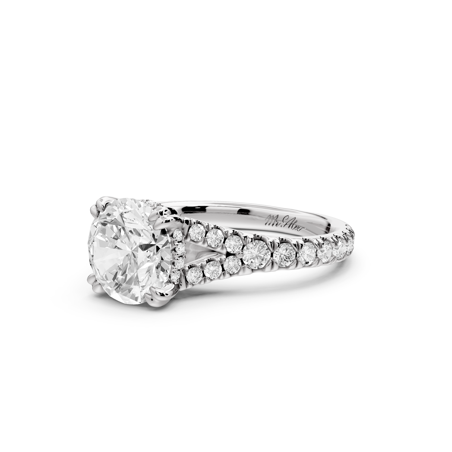 Rosalie - 2ct 14k white gold round Pavé Cathedral Hidden Halo with Diamond Bridge split shank Engagement Ring