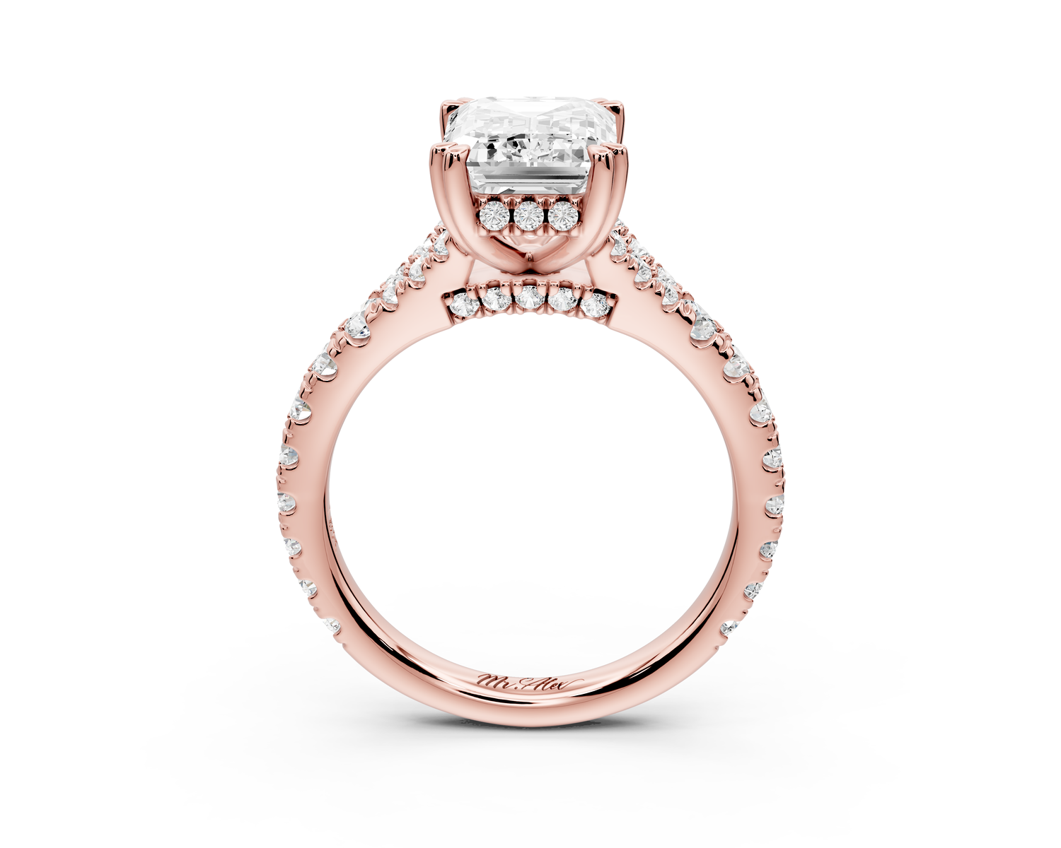 Rosalie - 3ct 14k rose gold emerald Pavé Cathedral Hidden Halo with Diamond Bridge split shank Engagement Ring