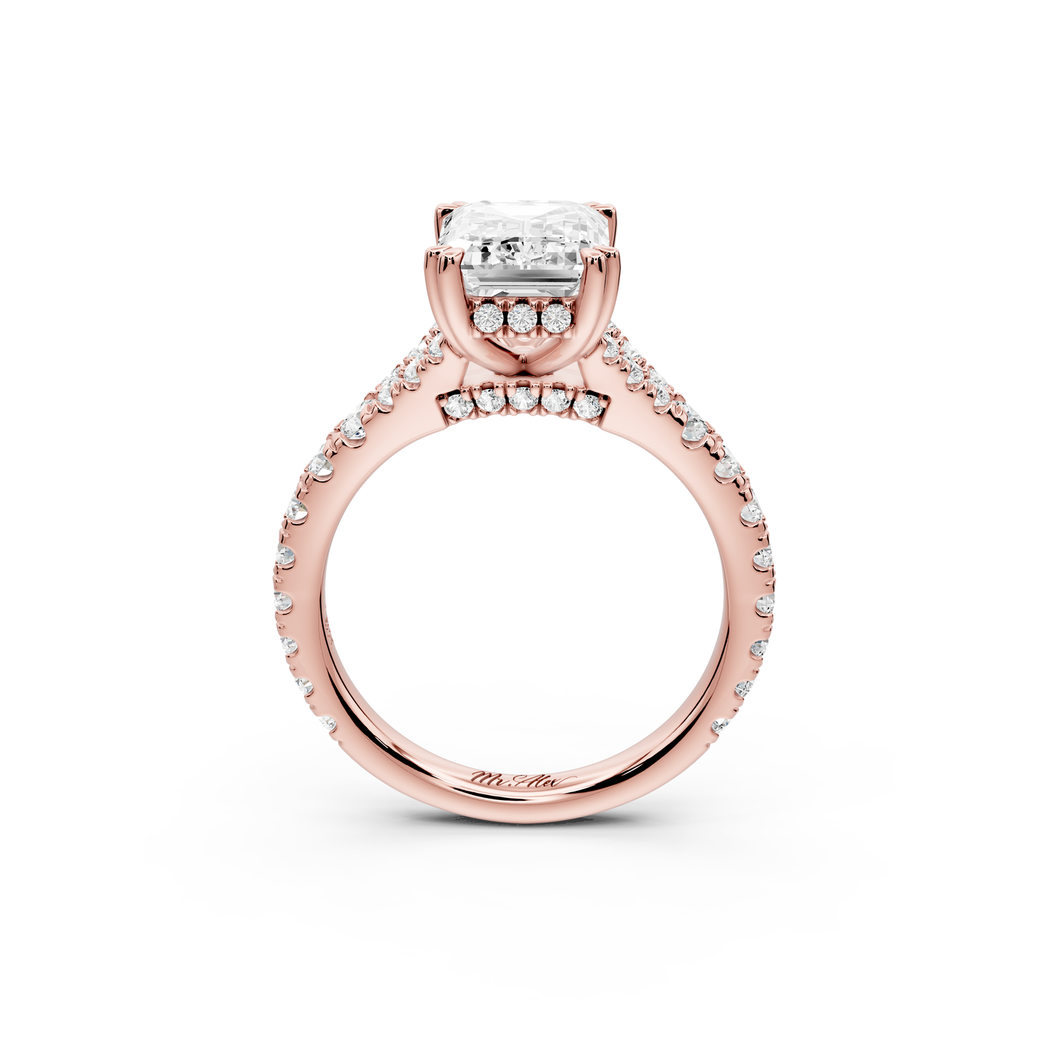 Rosalie - 3ct 14k rose gold emerald Pavé Cathedral Hidden Halo with Diamond Bridge split shank Engagement Ring