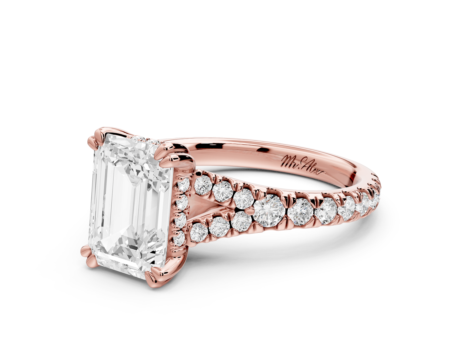 Rosalie - 3ct 14k rose gold emerald Pavé Cathedral Hidden Halo with Diamond Bridge split shank Engagement Ring
