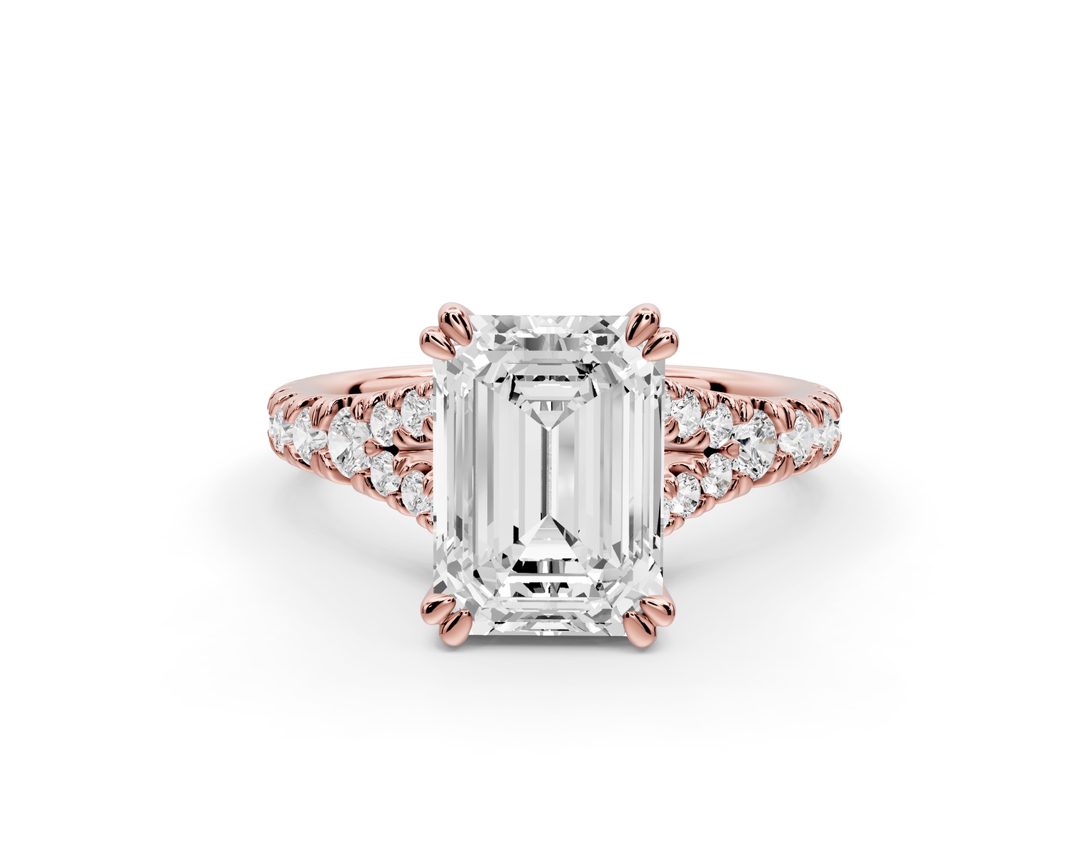 Rosalie - 3ct 14k rose gold emerald Pavé Cathedral Hidden Halo with Diamond Bridge split shank Engagement Ring