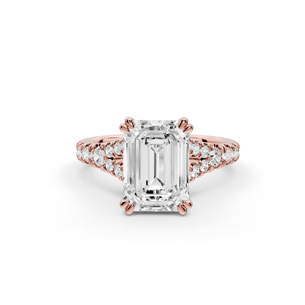 Rosalie - 3ct 14k rose gold emerald Pavé Cathedral Hidden Halo with Diamond Bridge split shank Engagement Ring