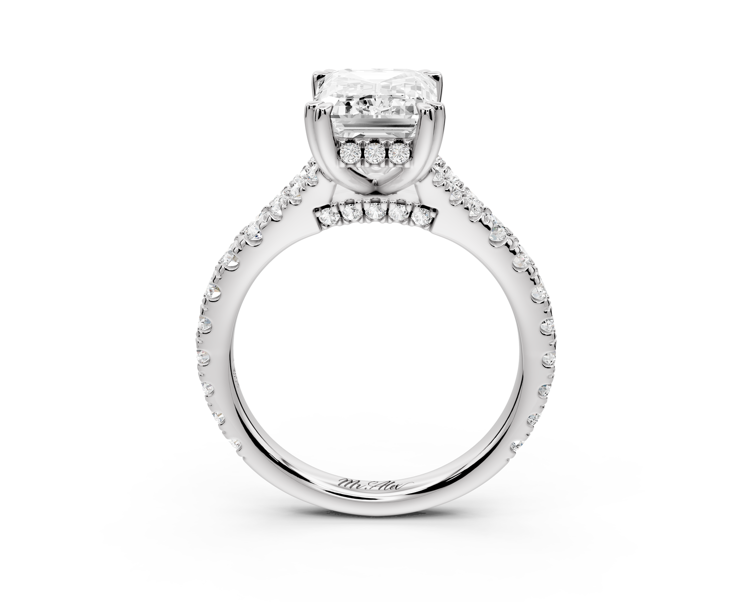 Rosalie - 3ct 14k white gold emerald Pavé Cathedral Hidden Halo with Diamond Bridge split shank Engagement Ring