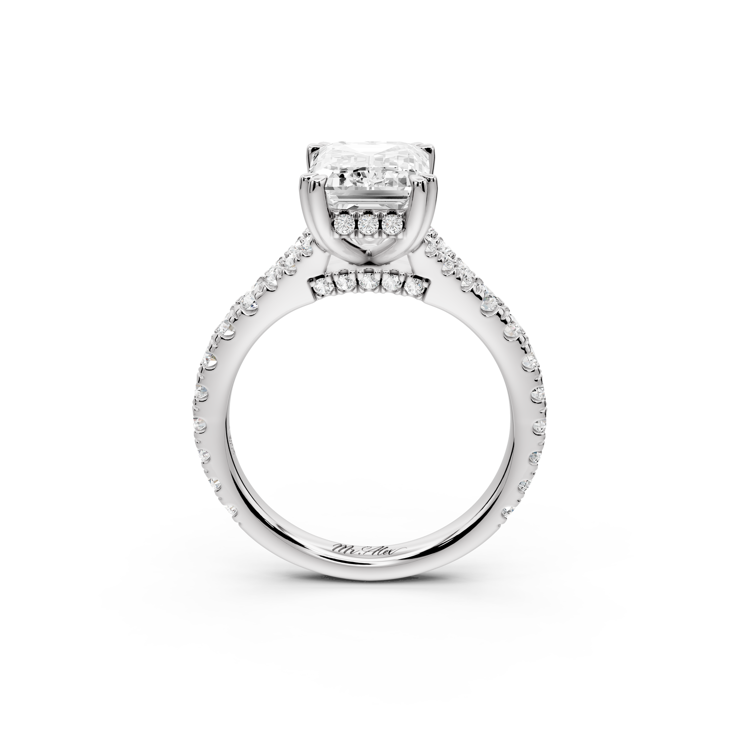 Rosalie - 3ct 14k white gold emerald Pavé Cathedral Hidden Halo with Diamond Bridge split shank Engagement Ring