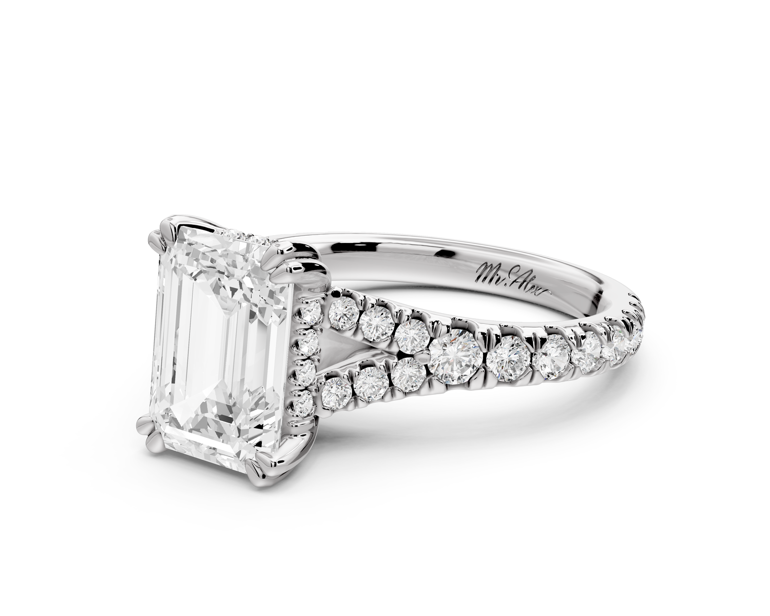 Rosalie - 3ct 14k white gold emerald Pavé Cathedral Hidden Halo with Diamond Bridge split shank Engagement Ring