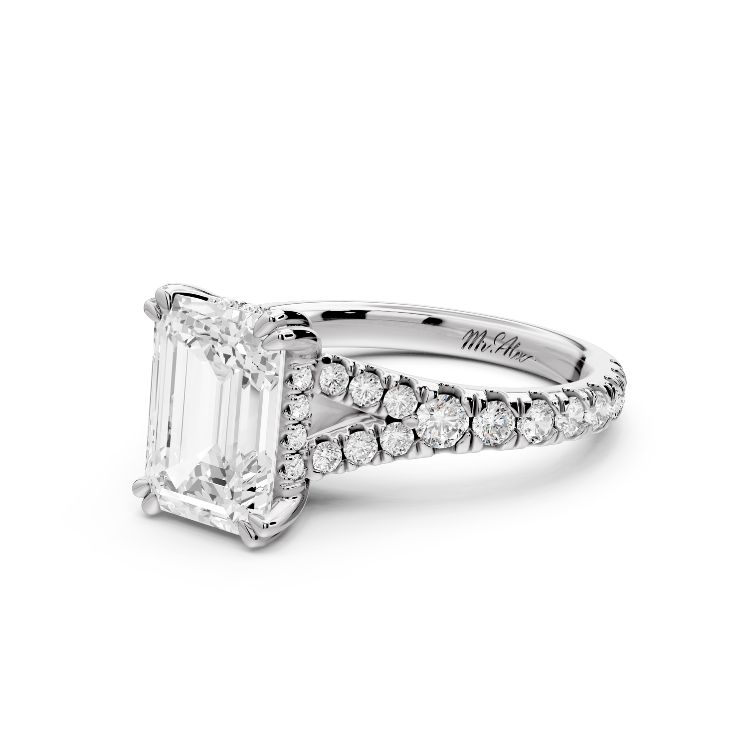 Rosalie - 3ct 14k white gold emerald Pavé Cathedral Hidden Halo with Diamond Bridge split shank Engagement Ring