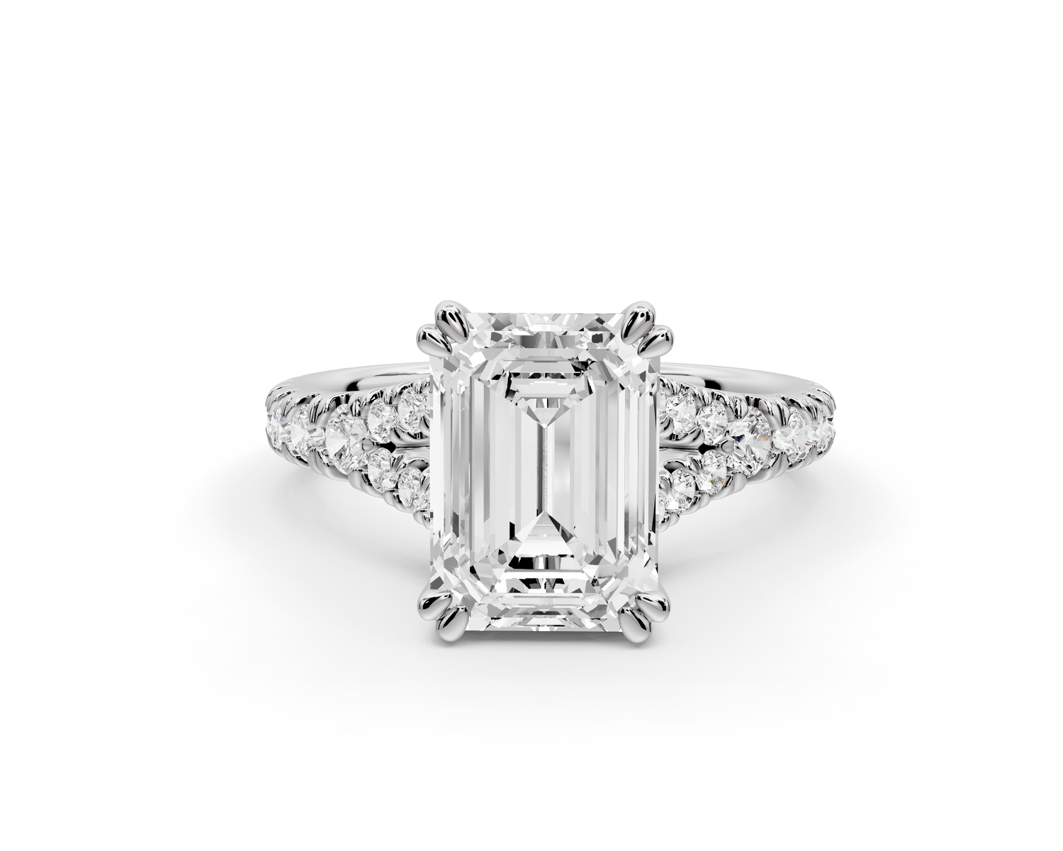 Rosalie - 3ct 14k white gold emerald Pavé Cathedral Hidden Halo with Diamond Bridge split shank Engagement Ring