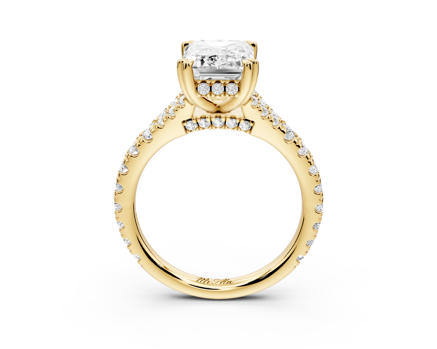 Rosalie - 3ct 14k yellow gold emerald Pavé Cathedral Hidden Halo with Diamond Bridge split shank Engagement Ring