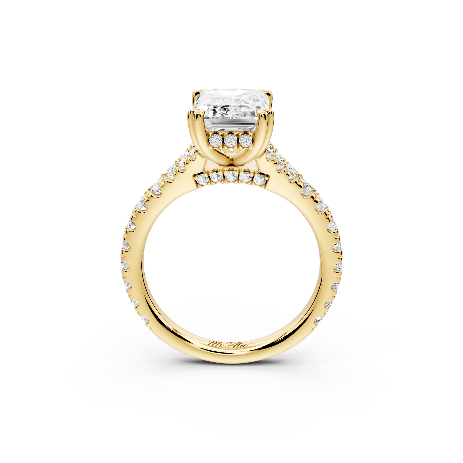 Rosalie - 3ct 14k yellow gold emerald Pavé Cathedral Hidden Halo with Diamond Bridge split shank Engagement Ring