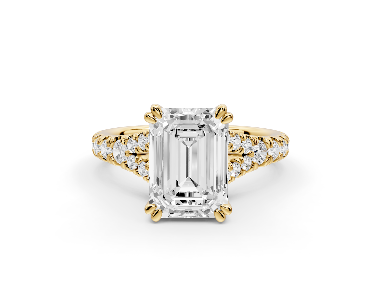 Rosalie - 3ct 14k yellow gold emerald Pavé Cathedral Hidden Halo with Diamond Bridge split shank Engagement Ring