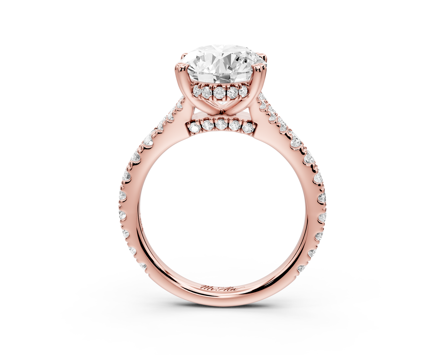 Rosalie - 3ct 14k rose gold oval Pavé Cathedral Hidden Halo with Diamond Bridge split shank Engagement Ring