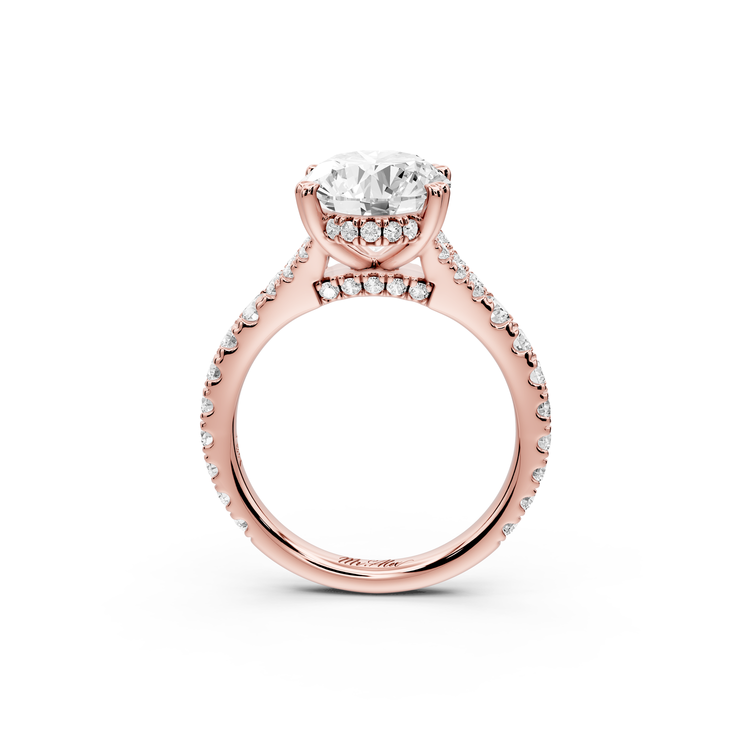 Rosalie - 3ct 14k rose gold oval Pavé Cathedral Hidden Halo with Diamond Bridge split shank Engagement Ring