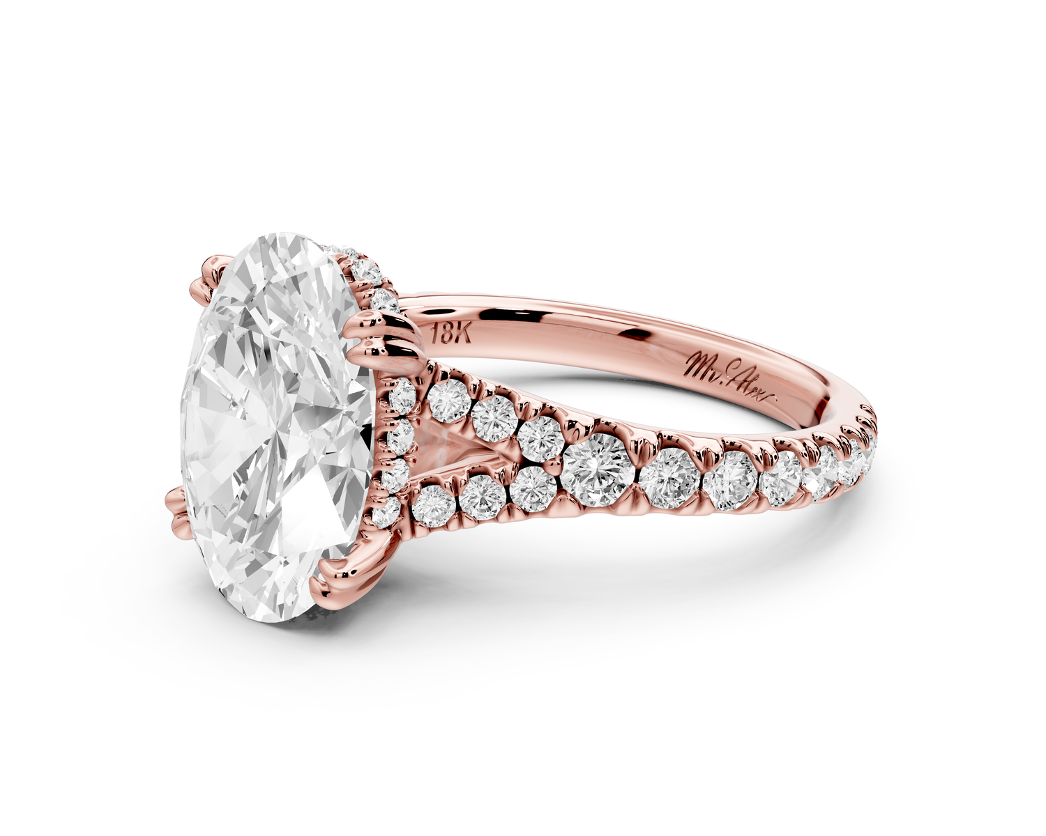Rosalie - 3ct 14k rose gold oval Pavé Cathedral Hidden Halo with Diamond Bridge split shank Engagement Ring