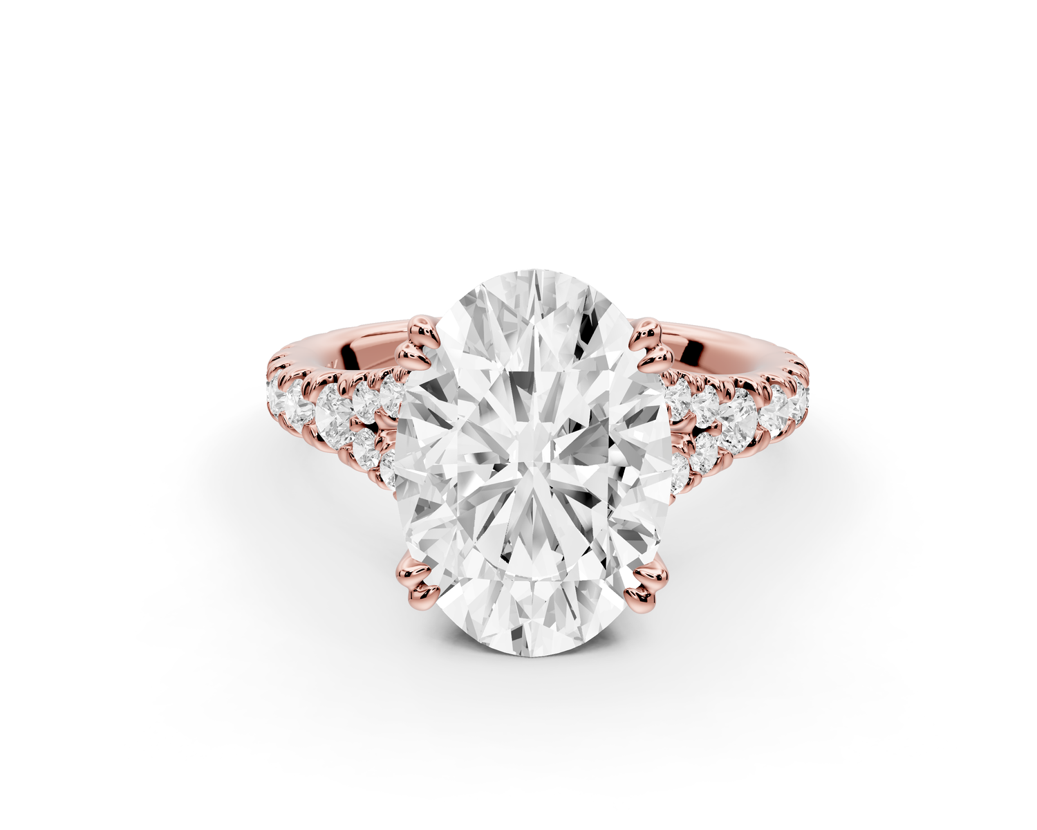 Rosalie - 3ct 14k rose gold oval Pavé Cathedral Hidden Halo with Diamond Bridge split shank Engagement Ring