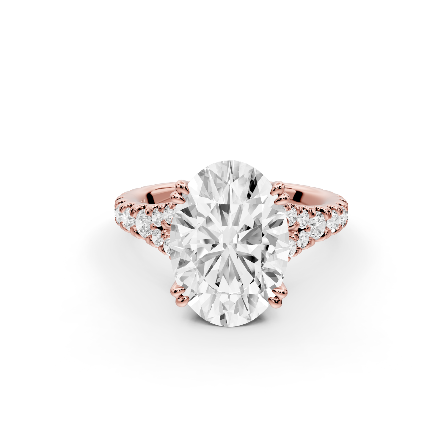 Rosalie - 3ct 14k rose gold oval Pavé Cathedral Hidden Halo with Diamond Bridge split shank Engagement Ring
