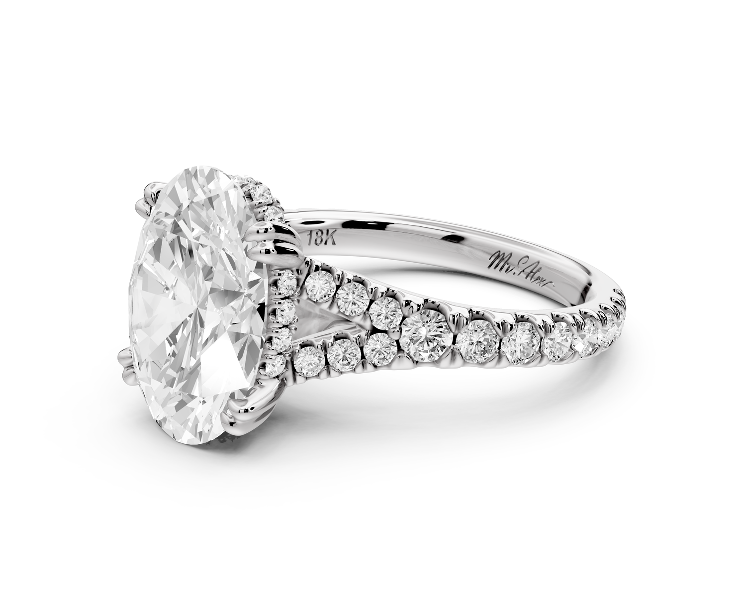 Rosalie - 3ct 14k white gold oval Pavé Cathedral Hidden Halo with Diamond Bridge split shank Engagement Ring