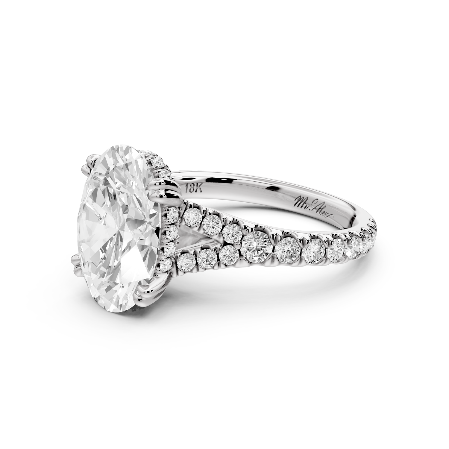 Rosalie - 3ct 14k white gold oval Pavé Cathedral Hidden Halo with Diamond Bridge split shank Engagement Ring