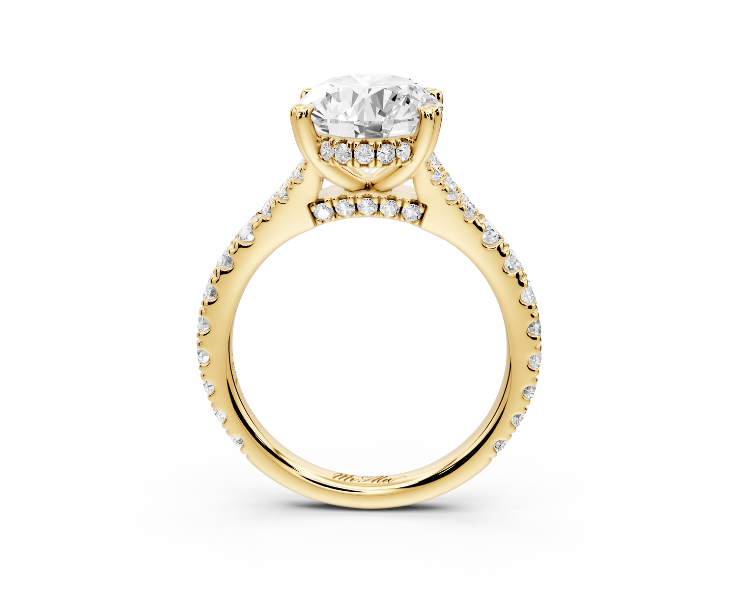 Rosalie - 3ct 14k yellow gold oval Pavé Cathedral Hidden Halo with Diamond Bridge split shank Engagement Ring