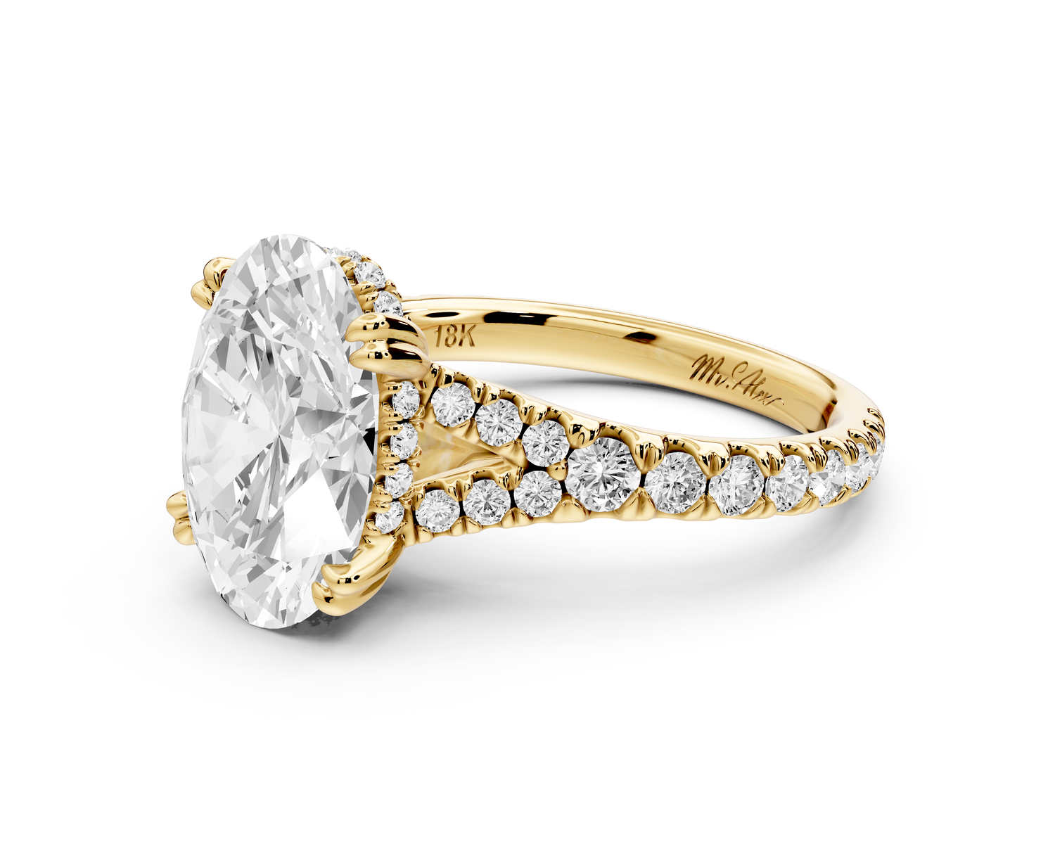 Rosalie - 3ct 14k yellow gold oval Pavé Cathedral Hidden Halo with Diamond Bridge split shank Engagement Ring