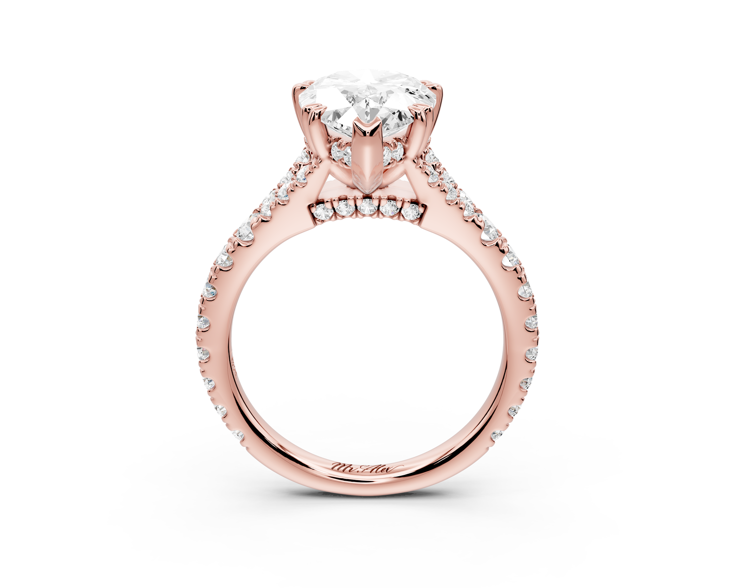 Rosalie - 3ct 14k rose gold pear Pavé Cathedral Hidden Halo with Diamond Bridge split shank Engagement Ring