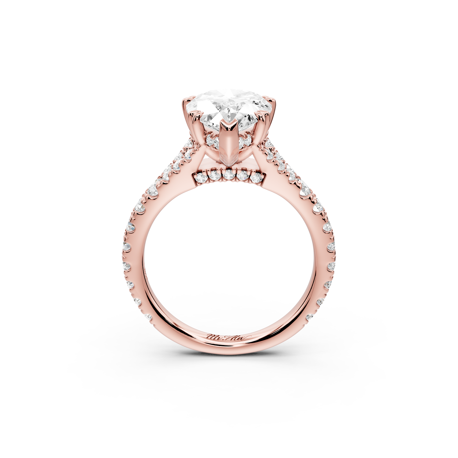 Rosalie - 3ct 14k rose gold pear Pavé Cathedral Hidden Halo with Diamond Bridge split shank Engagement Ring