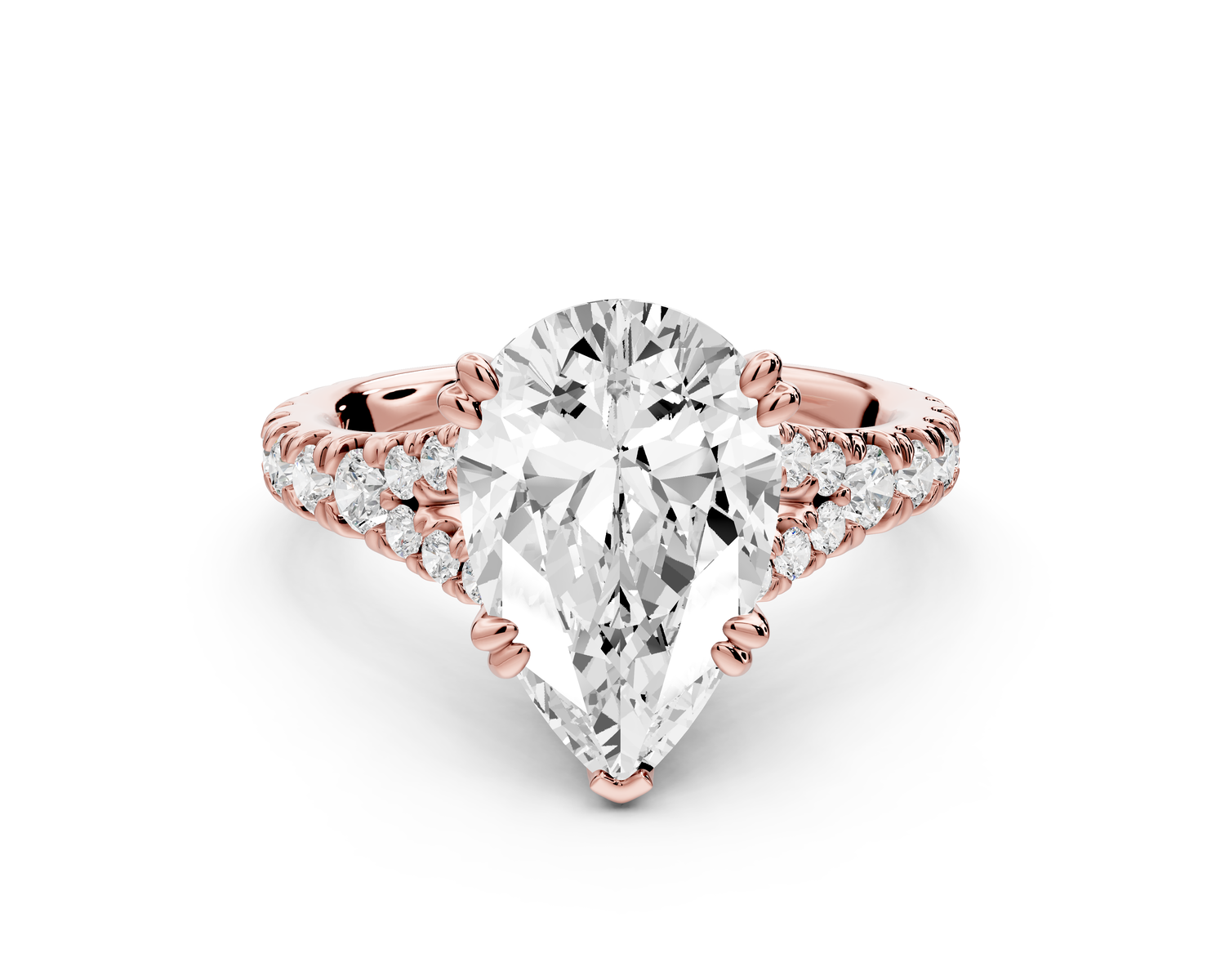 Rosalie - 3ct 14k rose gold pear Pavé Cathedral Hidden Halo with Diamond Bridge split shank Engagement Ring