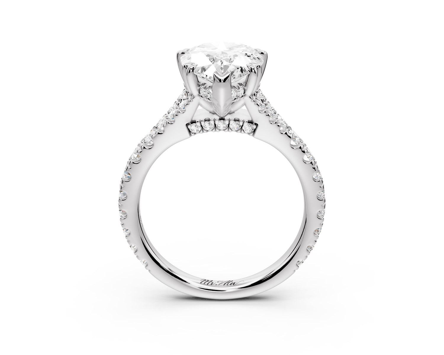 Rosalie - 3ct 14k white gold pear Pavé Cathedral Hidden Halo with Diamond Bridge split shank Engagement Ring