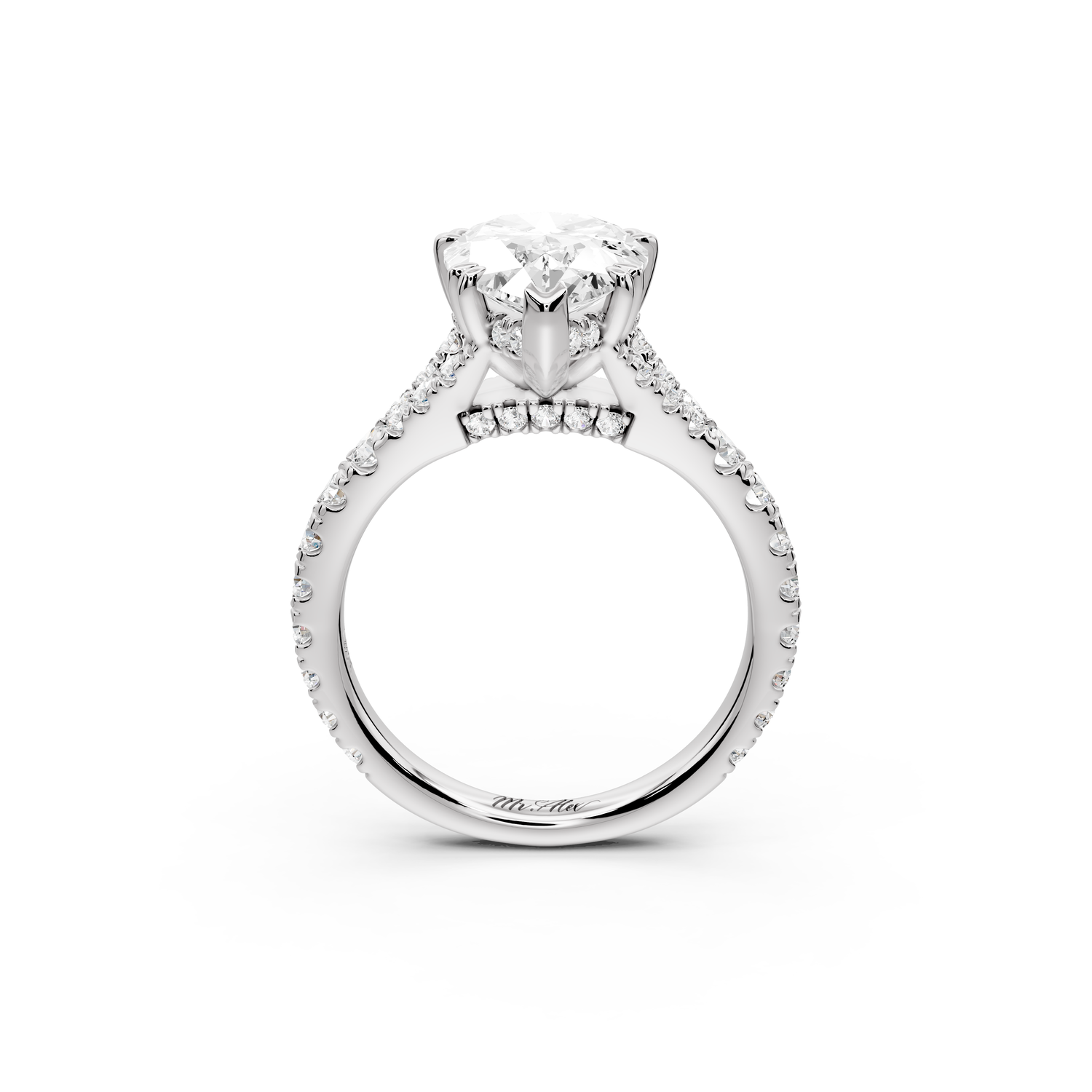 Rosalie - 3ct 14k white gold pear Pavé Cathedral Hidden Halo with Diamond Bridge split shank Engagement Ring