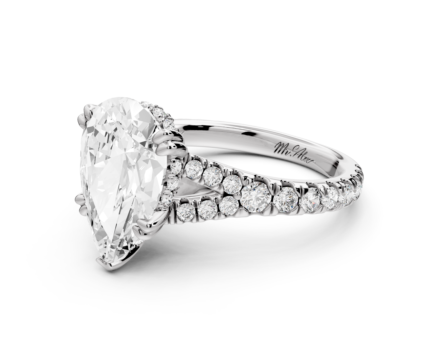 Rosalie - 3ct 14k white gold pear Pavé Cathedral Hidden Halo with Diamond Bridge split shank Engagement Ring