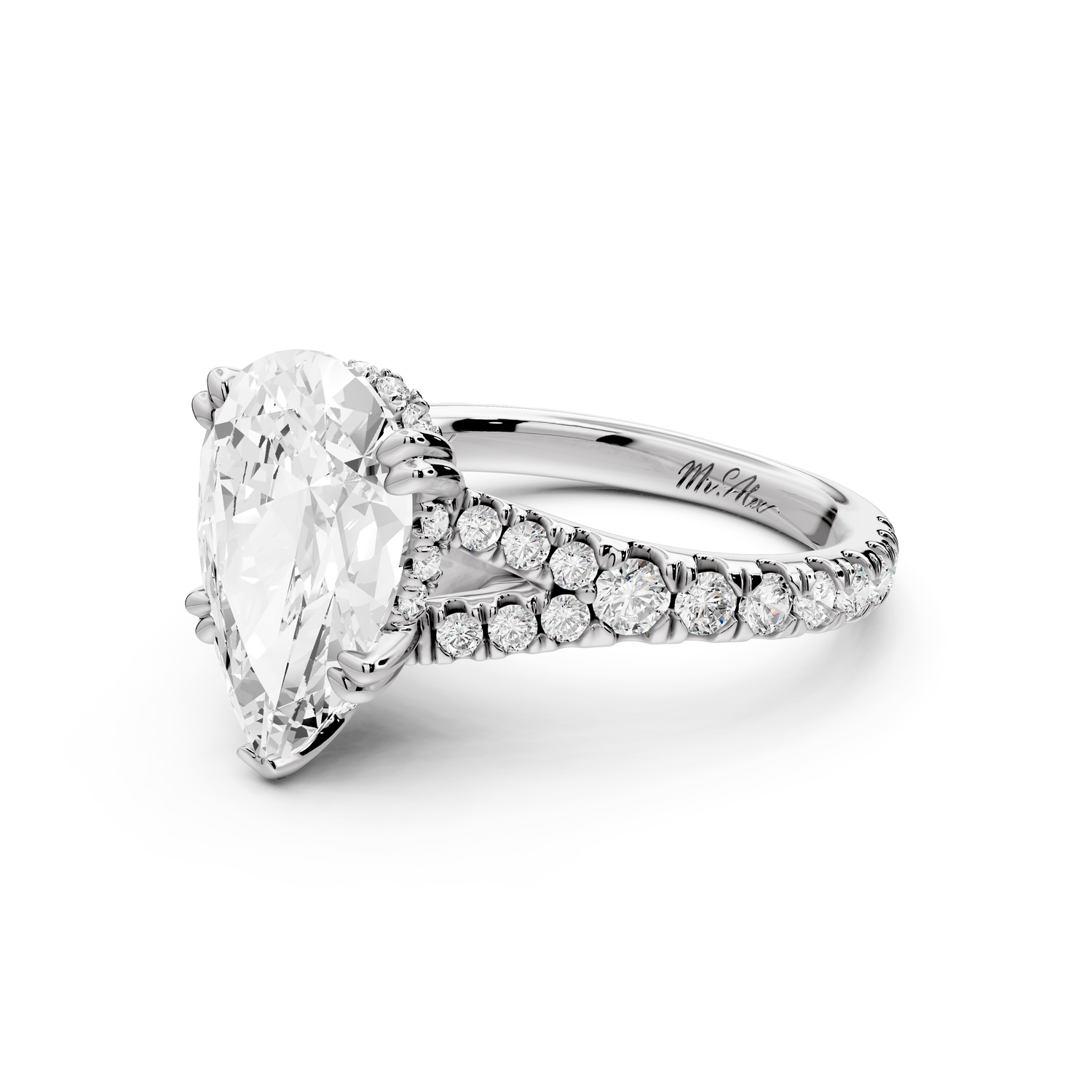 Rosalie - 3ct 14k white gold pear Pavé Cathedral Hidden Halo with Diamond Bridge split shank Engagement Ring