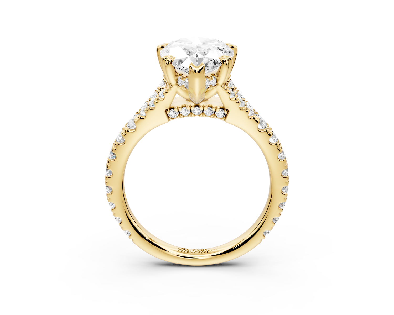 Rosalie - 3ct 14k yellow gold pear Pavé Cathedral Hidden Halo with Diamond Bridge split shank Engagement Ring