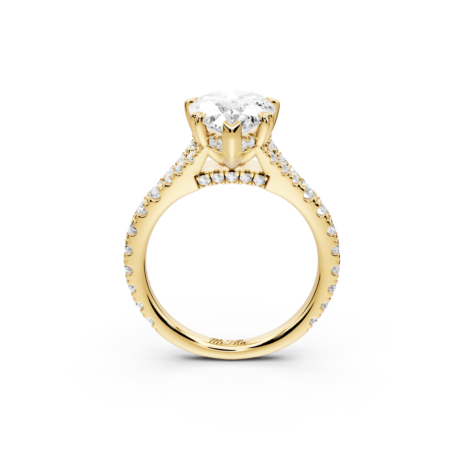 Rosalie - 3ct 14k yellow gold pear Pavé Cathedral Hidden Halo with Diamond Bridge split shank Engagement Ring