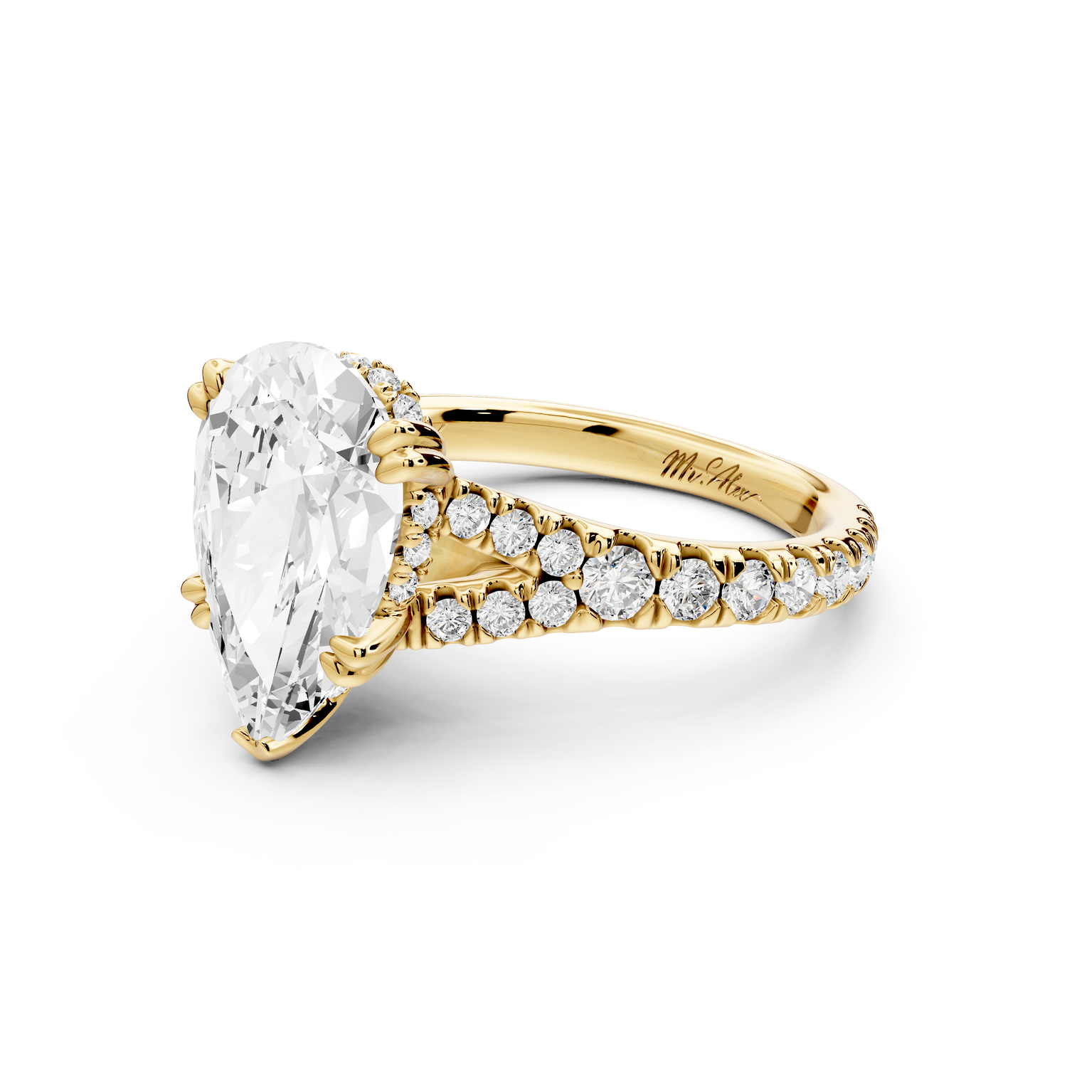 Rosalie - 3ct 14k yellow gold pear Pavé Cathedral Hidden Halo with Diamond Bridge split shank Engagement Ring