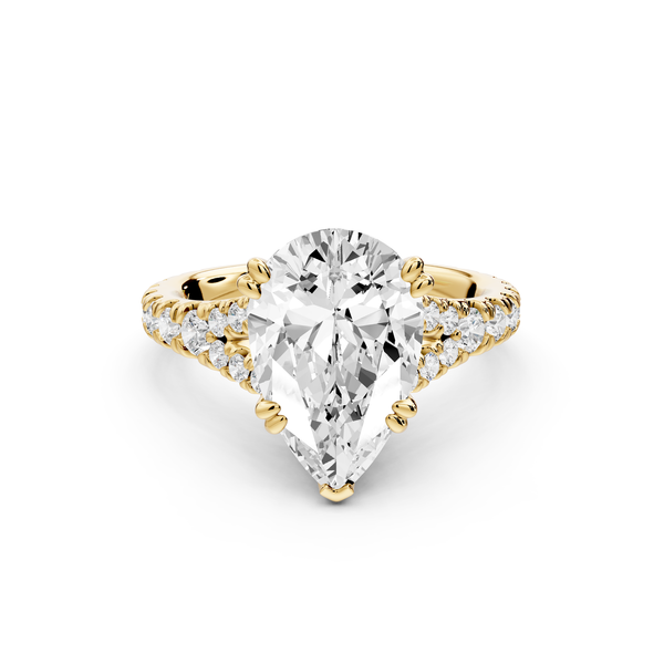 Rosalie - 3ct 14k yellow gold pear Pavé Cathedral Hidden Halo with Diamond Bridge split shank Engagement Ring