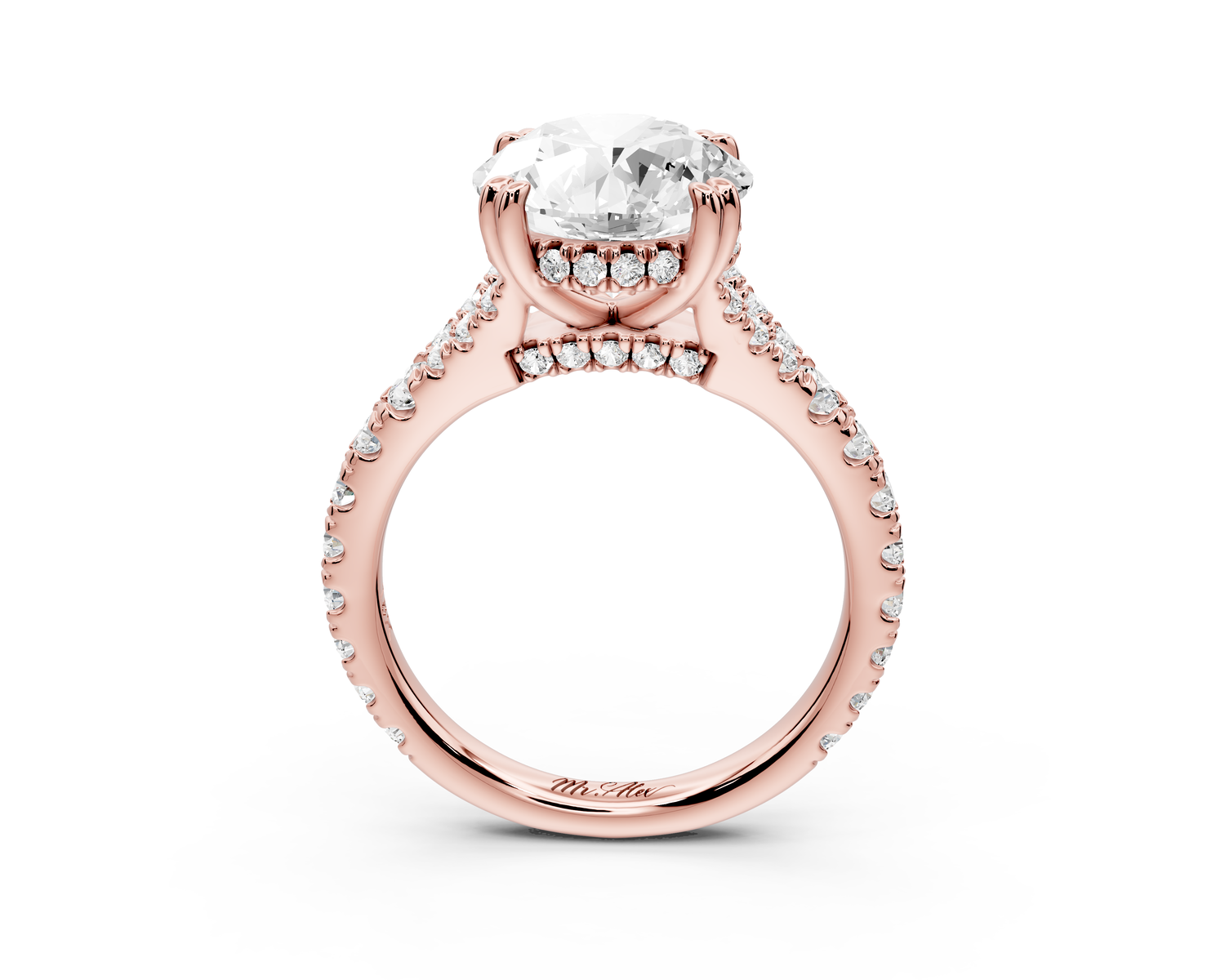 Rosalie - 3ct 14k rose gold round Pavé Cathedral Hidden Halo with Diamond Bridge split shank Engagement Ring