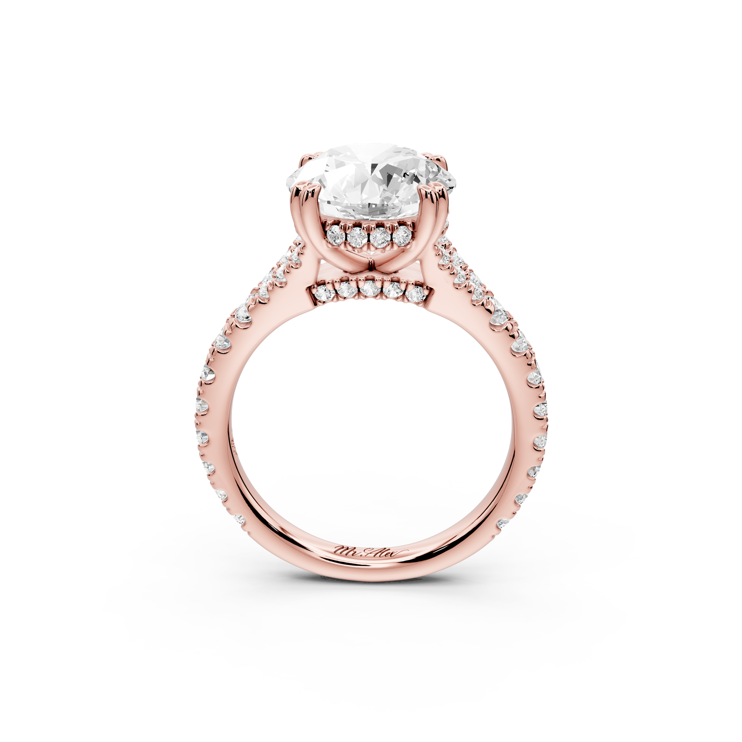 Rosalie - 3ct 14k rose gold round Pavé Cathedral Hidden Halo with Diamond Bridge split shank Engagement Ring