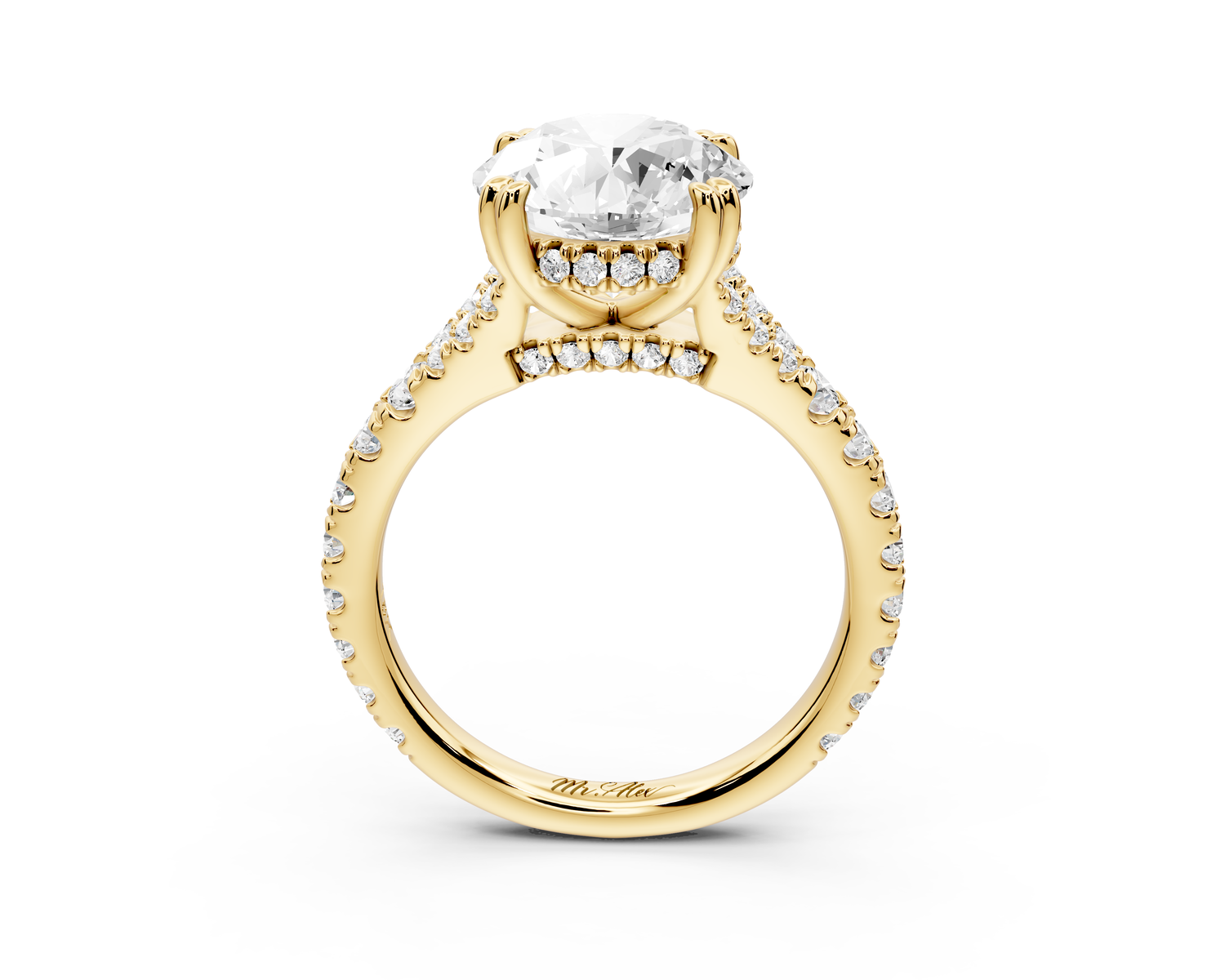Rosalie - 3ct 14k yellow gold round Pavé Cathedral Hidden Halo with Diamond Bridge split shank Engagement Ring