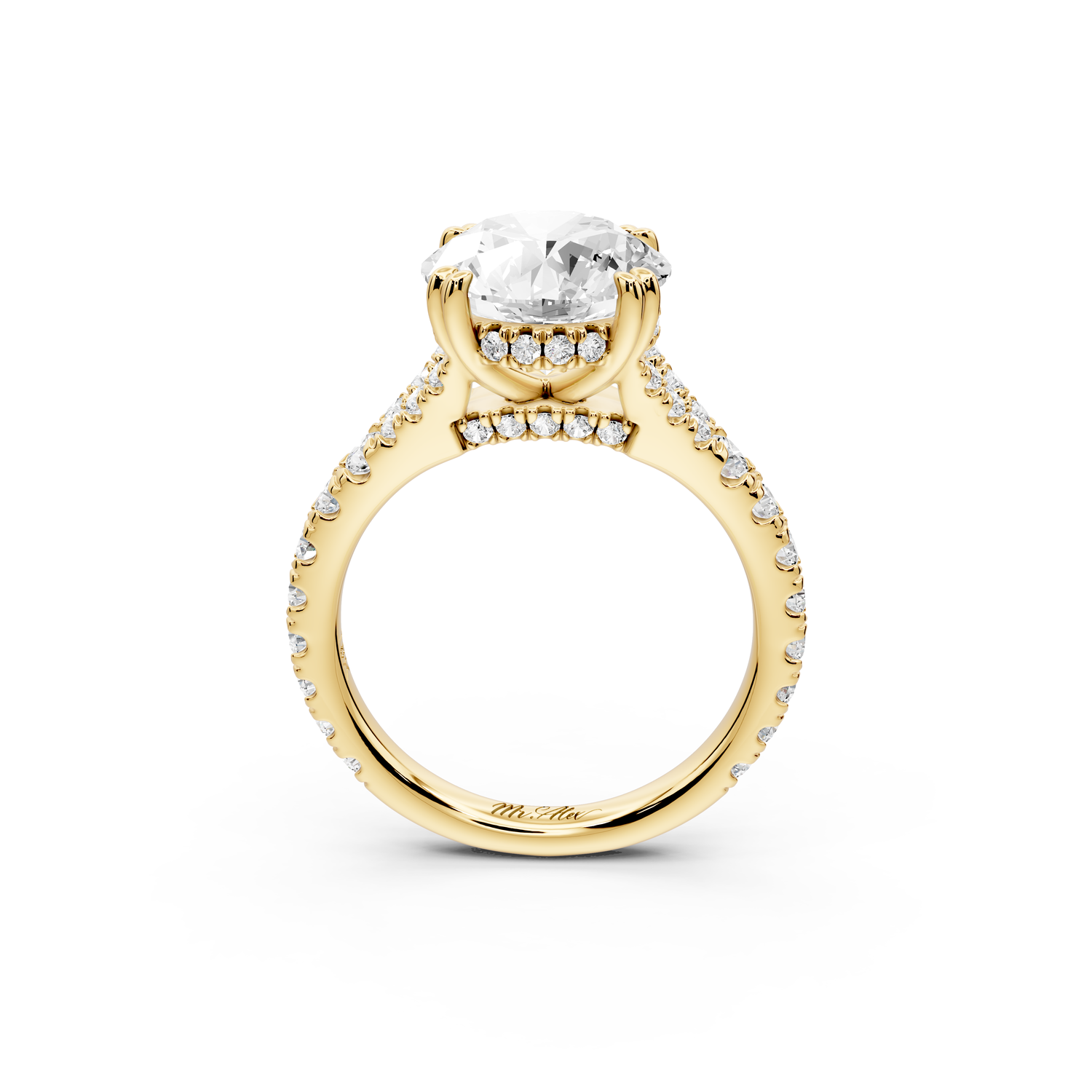 Rosalie - 3ct 14k yellow gold round Pavé Cathedral Hidden Halo with Diamond Bridge split shank Engagement Ring