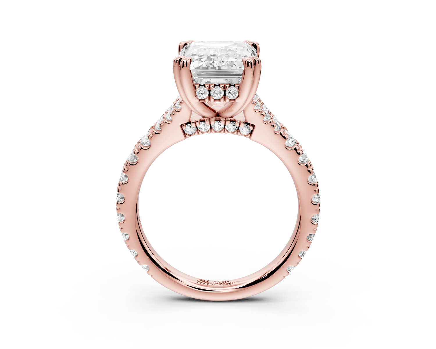 Rosalie - 4ct 14k rose gold emerald Pavé Cathedral Hidden Halo with Diamond Bridge split shank Engagement Ring