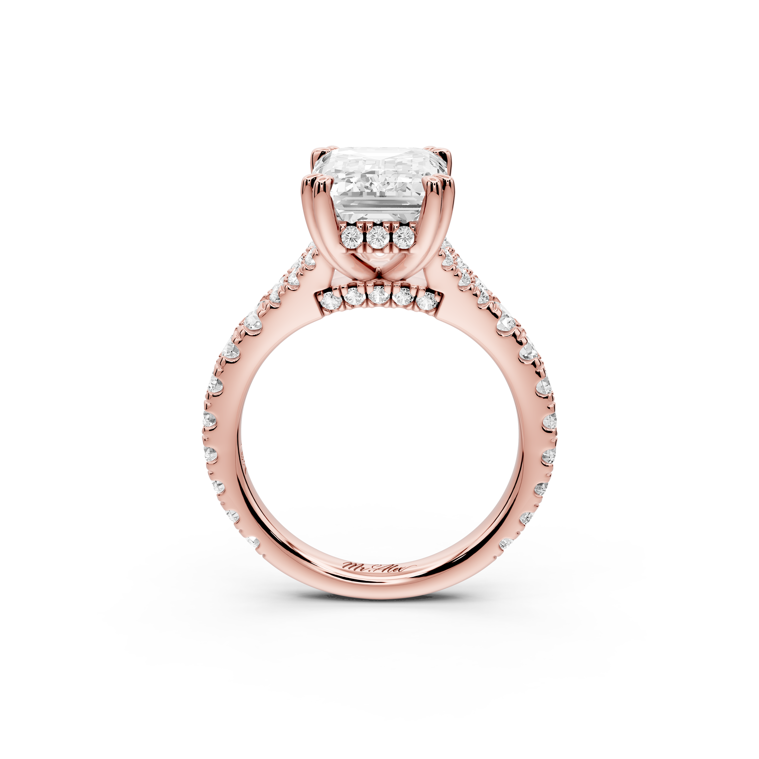 Rosalie - 4ct 14k rose gold emerald Pavé Cathedral Hidden Halo with Diamond Bridge split shank Engagement Ring